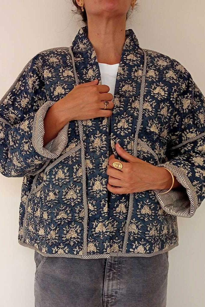 Quilted Reversible Blockprint Jacket - Blue Floral – Koraa