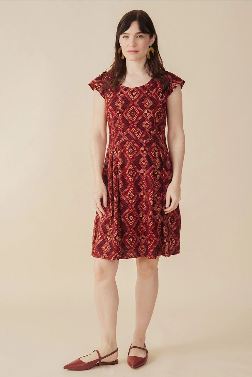 Vintage Pleat Dress - Red Diamonds