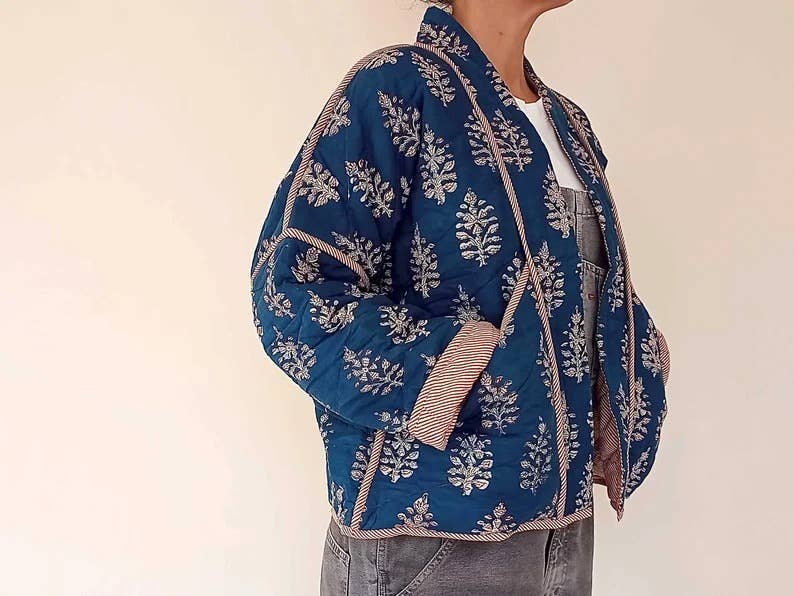 Quilted Kimono Jacket Block Printed - Indigo