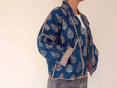 Quilted Kimono Jacket Block Printed - Indigo