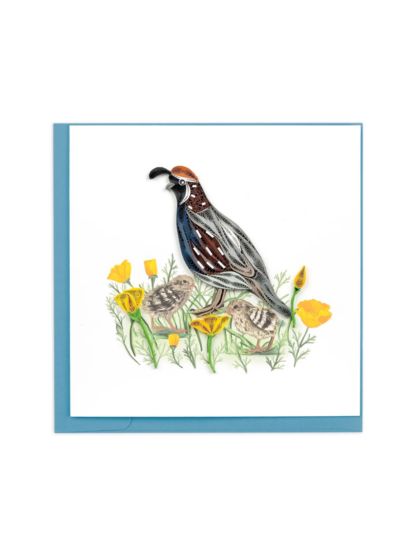 Quail with Chicks & Poppies Quilling Card