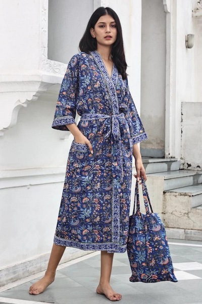 Blockprinted Kimono Robe & Matching Bag - Azure
