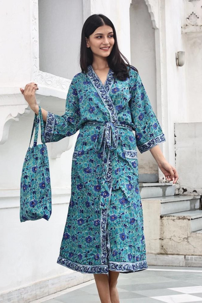 Blockprinted Kimono Robe & Matching Bag - Garden Aqua