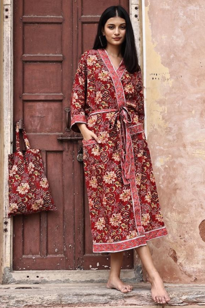 Blockprinted Kimono Robe & Matching Bag - Ruby
