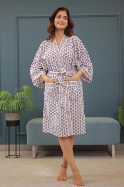 Blockprinted Kimono Robe & Matching Bag - Tulip