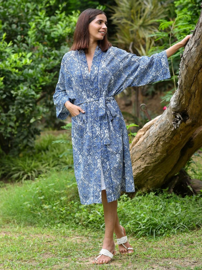 Blockprint Kimono Robe - Cloisters Denim On White