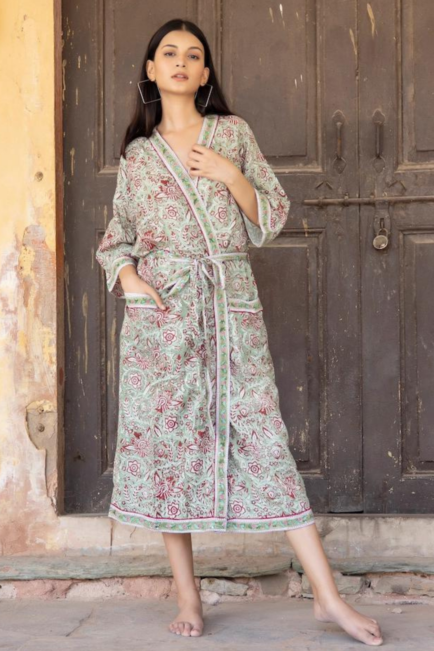 Blockprinted Kimono Robe & Matching Bag - Sage