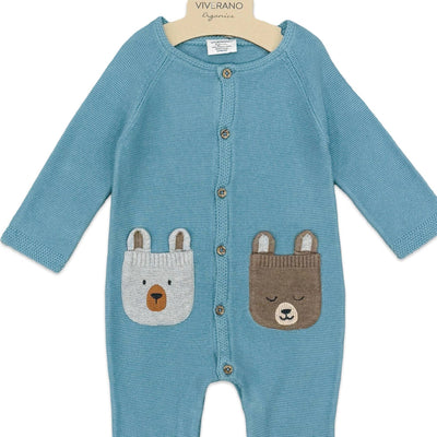 Bear Embroidered Pocket Sweater Knit Baby Jumpsuit