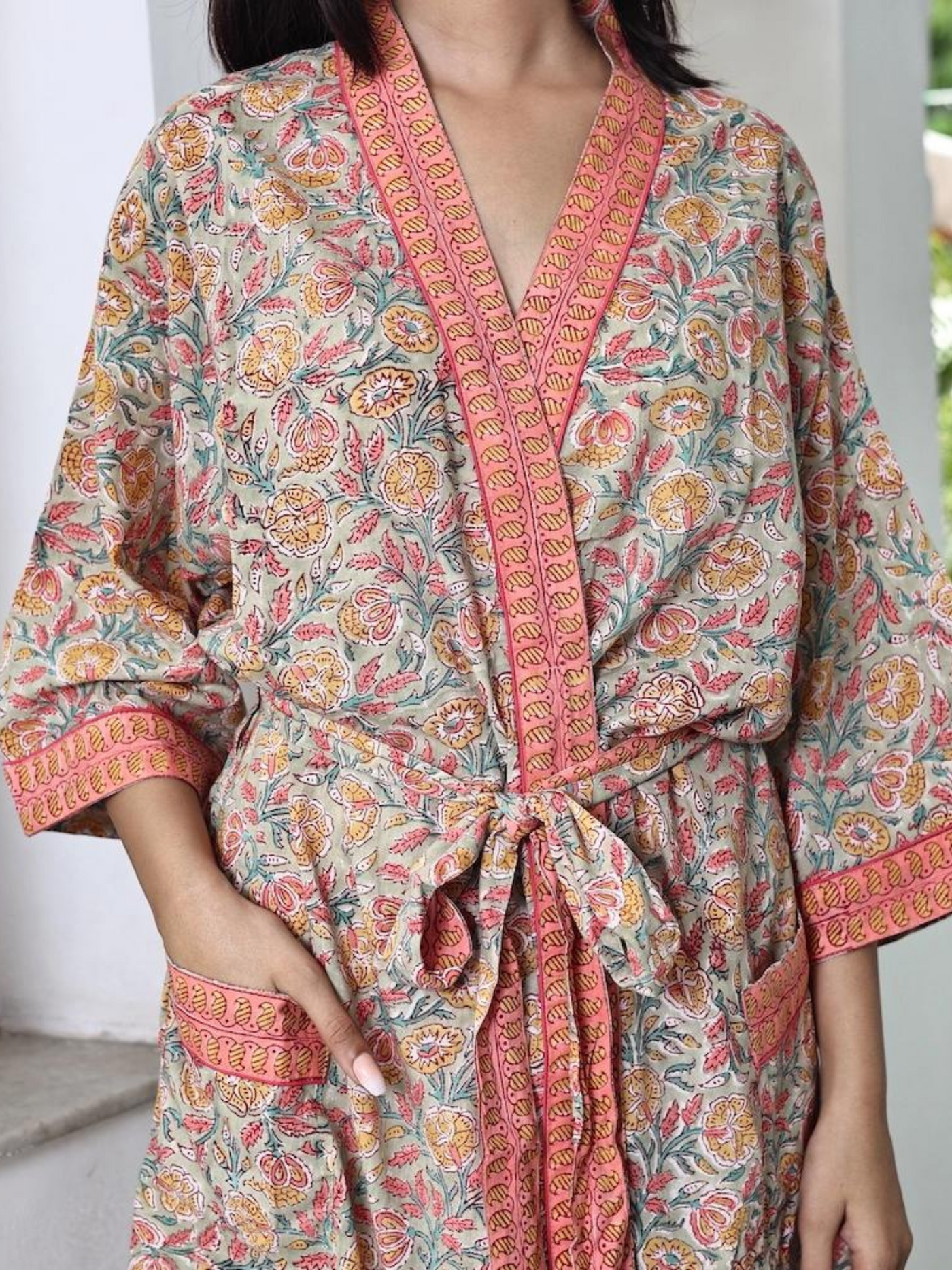Blockprinted Kimono Robe & Matching Bag - Peach Ecru