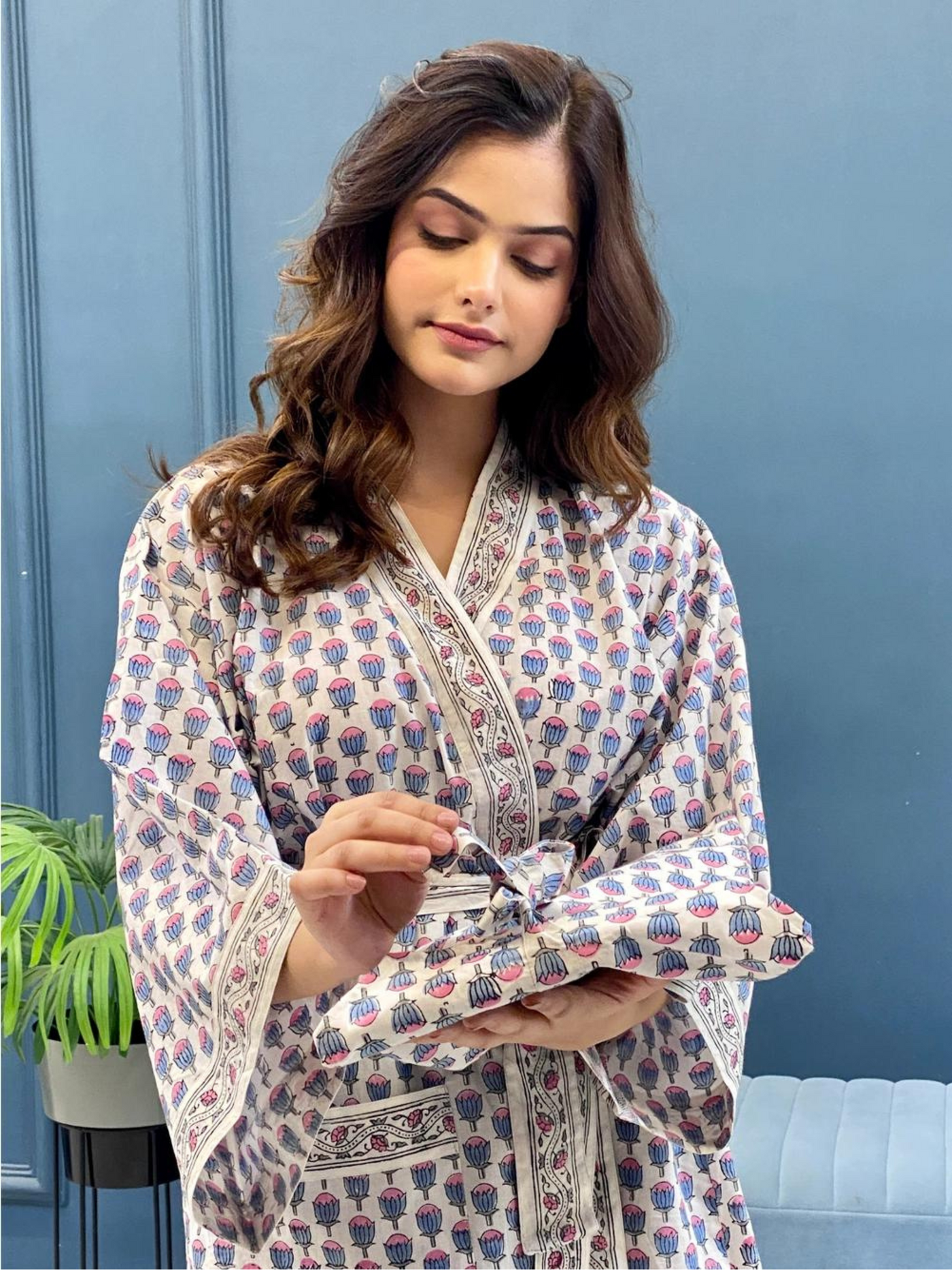 Blockprinted Kimono Robe & Matching Bag - Tulip