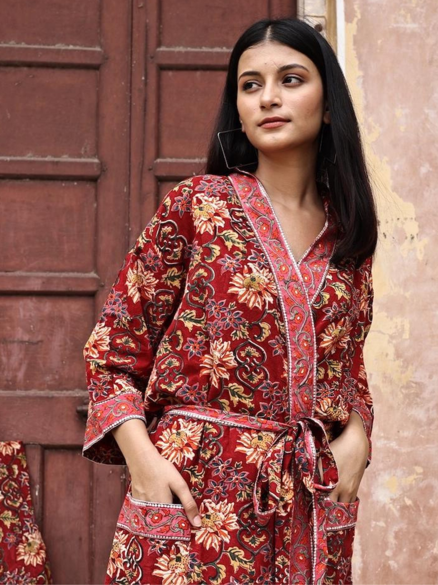 Blockprinted Kimono Robe & Matching Bag - Ruby