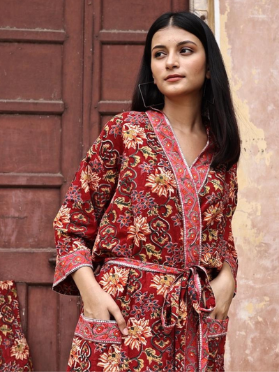 Blockprinted Kimono Robe & Matching Bag - Ruby