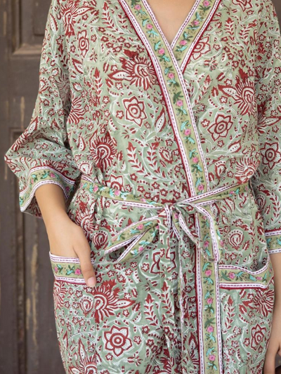 Blockprinted Kimono Robe & Matching Bag - Sage