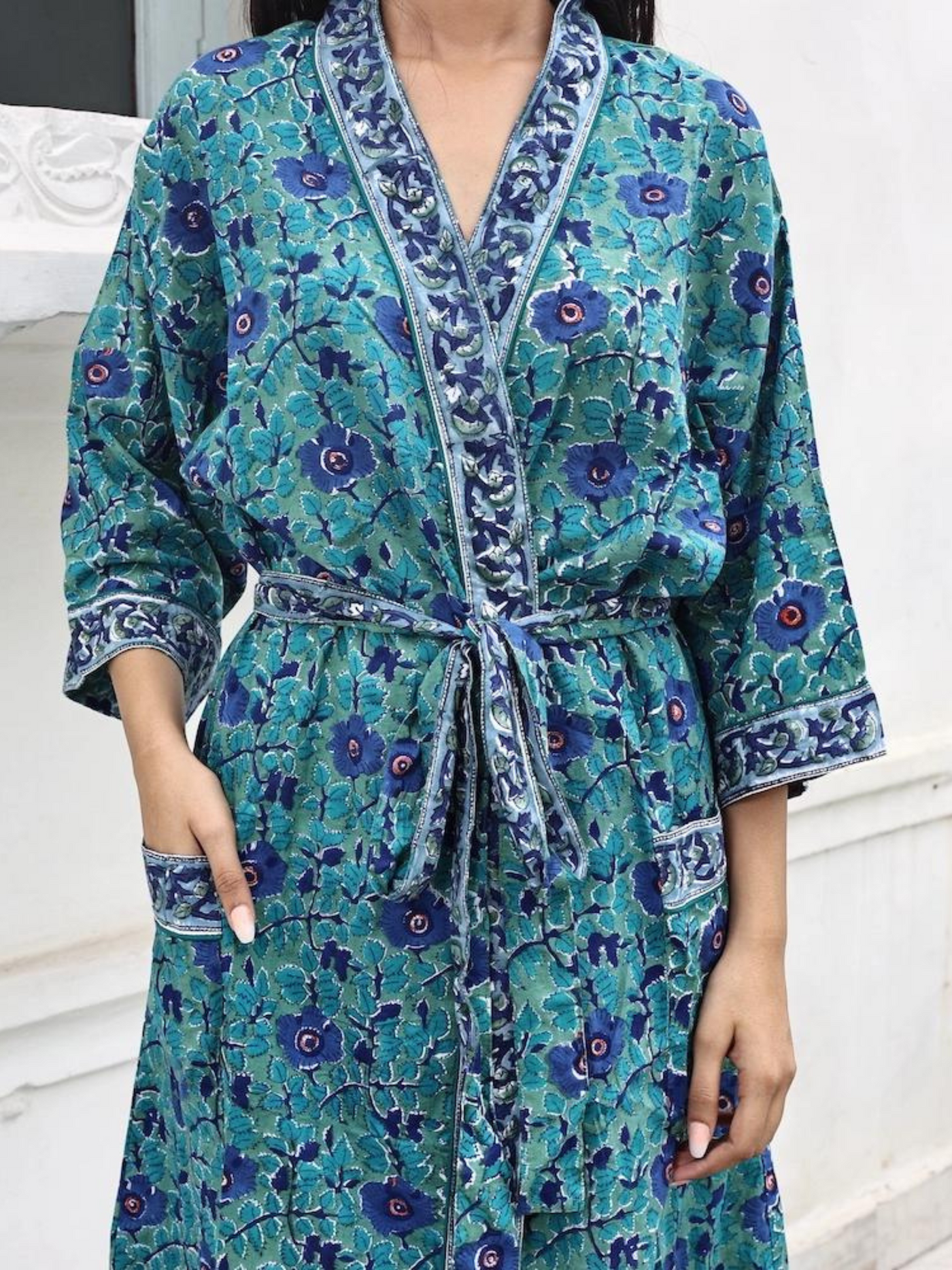 Blockprinted Kimono Robe & Matching Bag - Garden Aqua