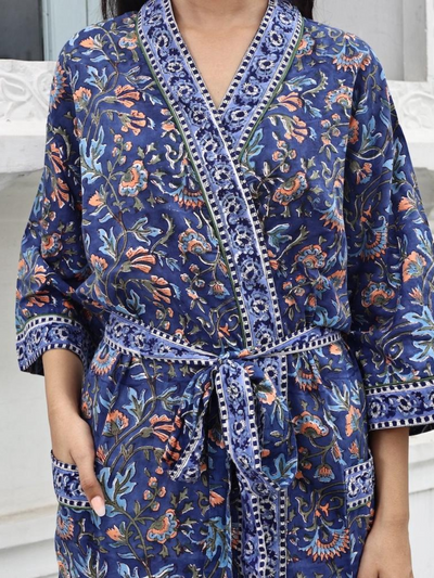 Blockprinted Kimono Robe & Matching Bag - Azure