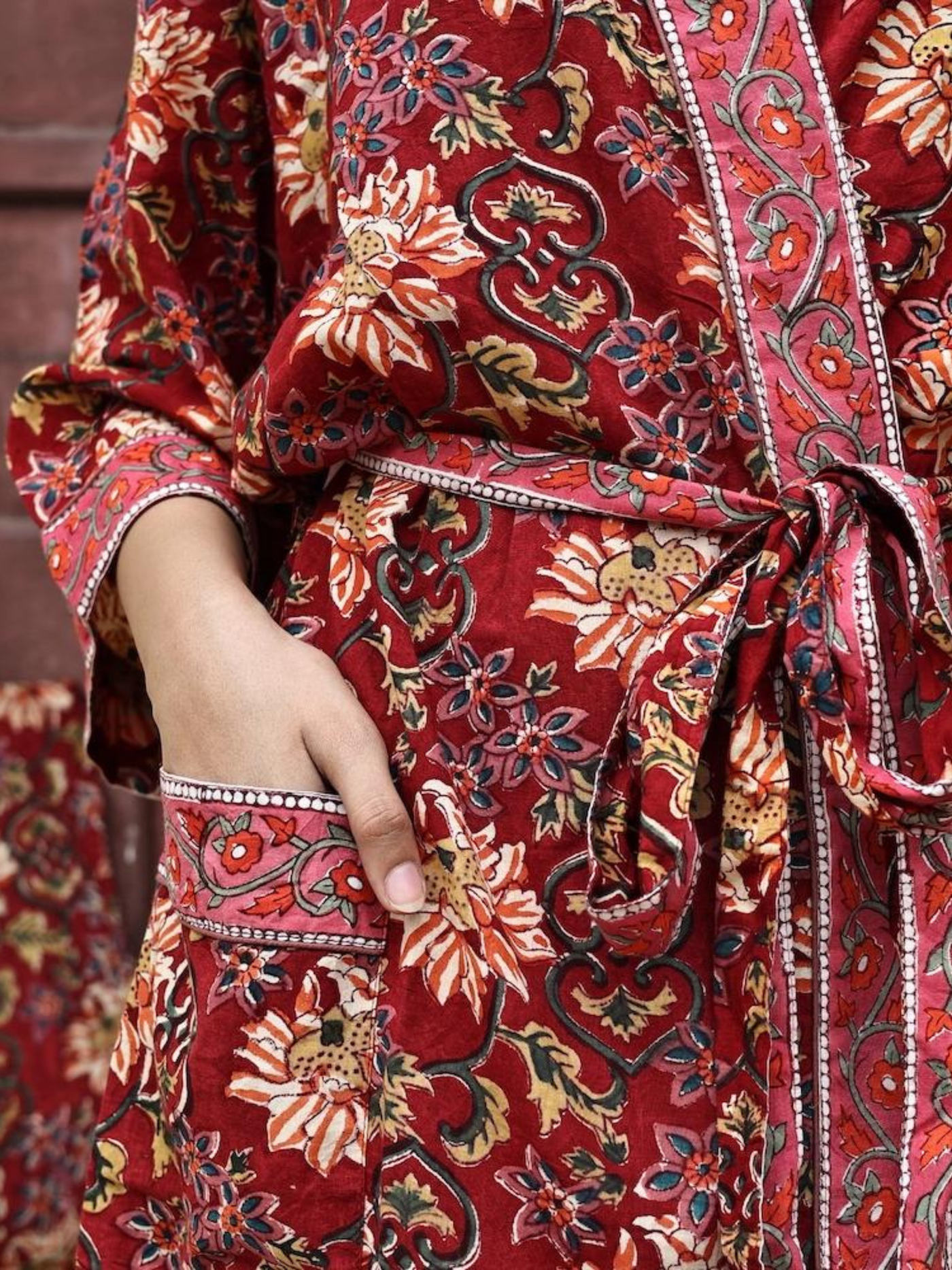 Blockprinted Kimono Robe & Matching Bag - Ruby