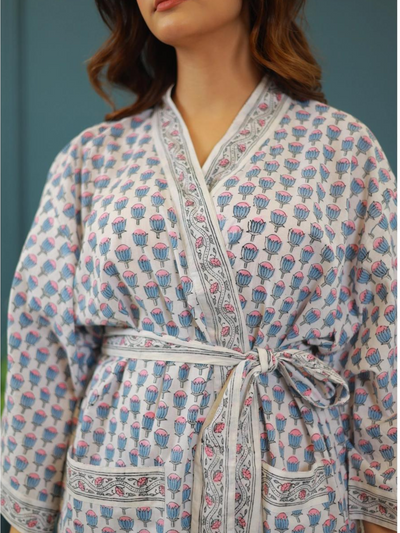 Blockprinted Kimono Robe & Matching Bag - Tulip