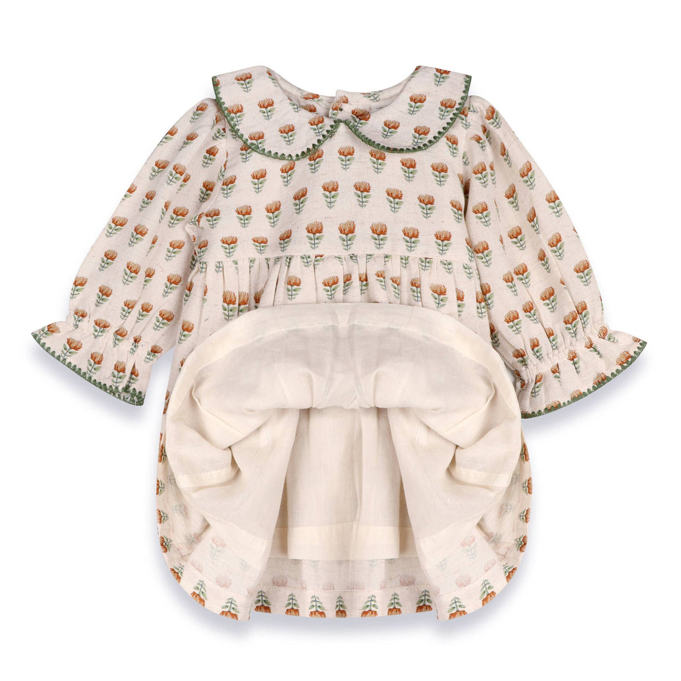 Ina Block Print Floral Baby Dress & Bloomer Set (Linen)