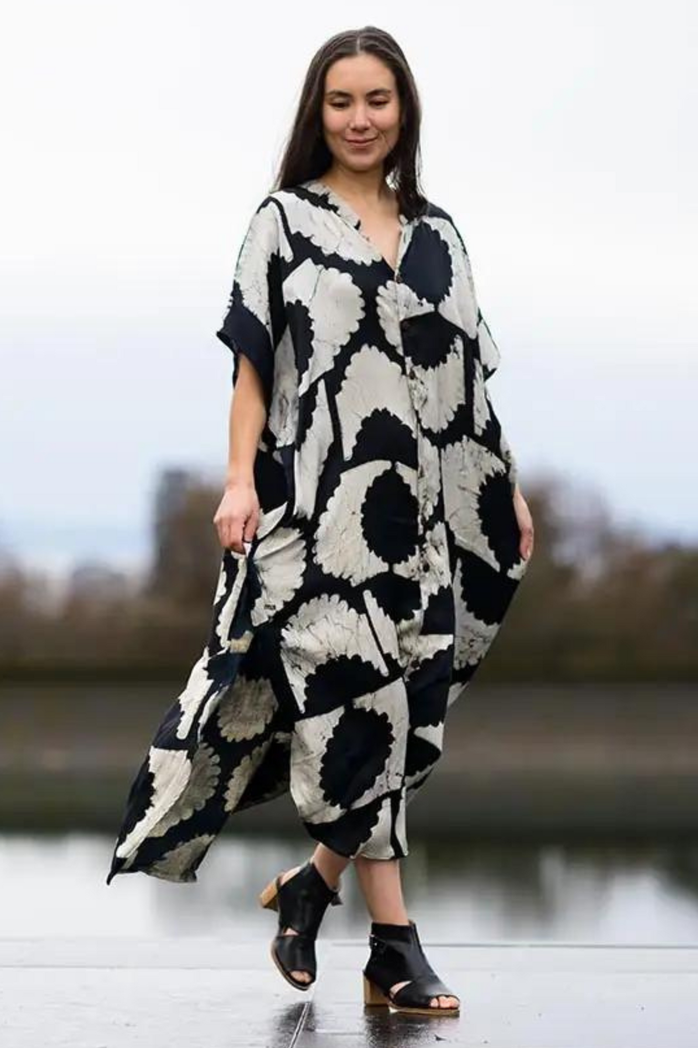 Block print dress Black Silky - Sunset