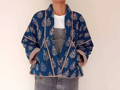 Quilted Kimono Jacket Block Printed - Indigo