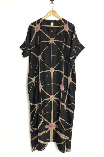 Itajime Silk Box Kaftan - Black, Tan & Pink Stars