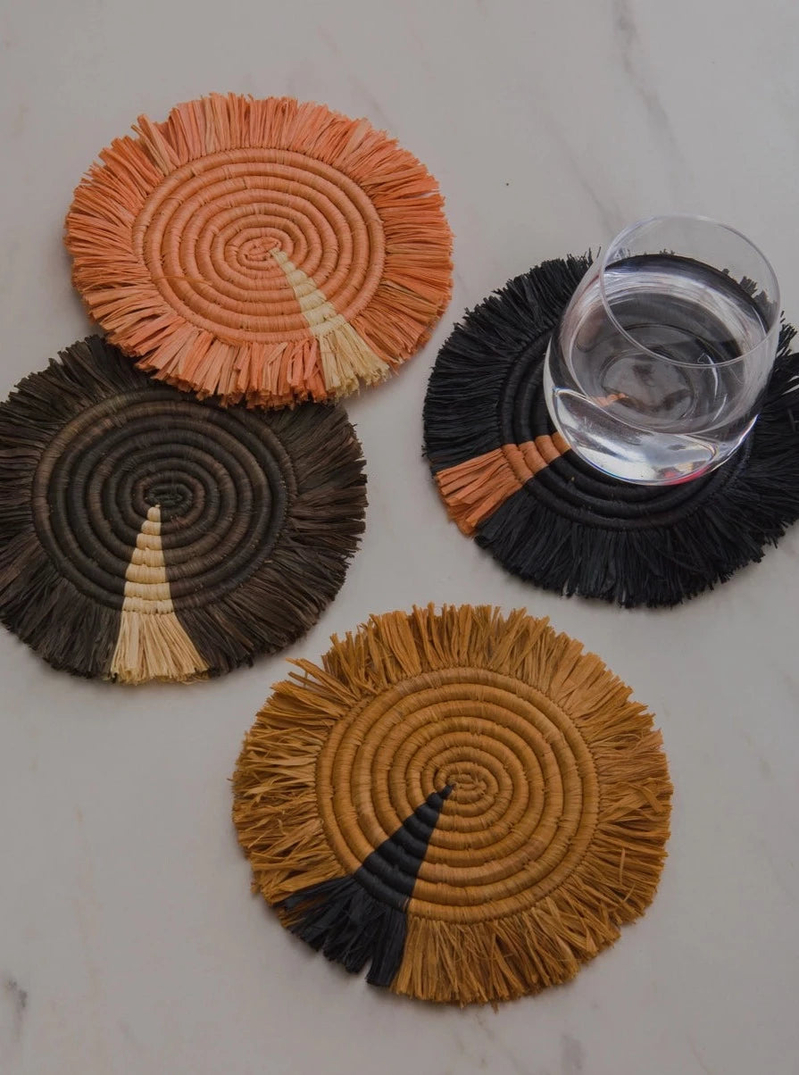 Earth Tones Fringed Raffia Coasters (Set of 4)