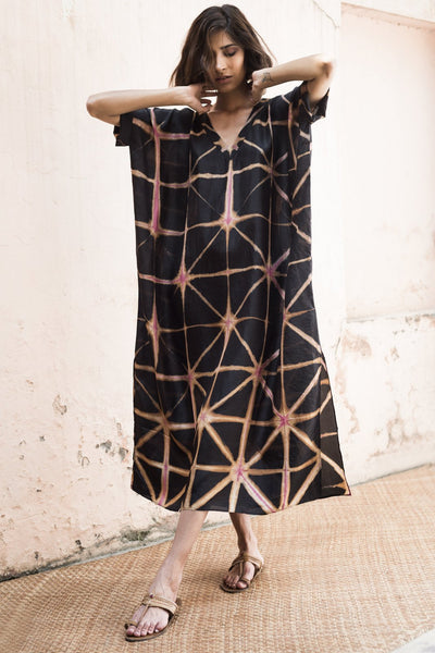 Itajime Silk Box Kaftan - Black, Tan & Pink Stars