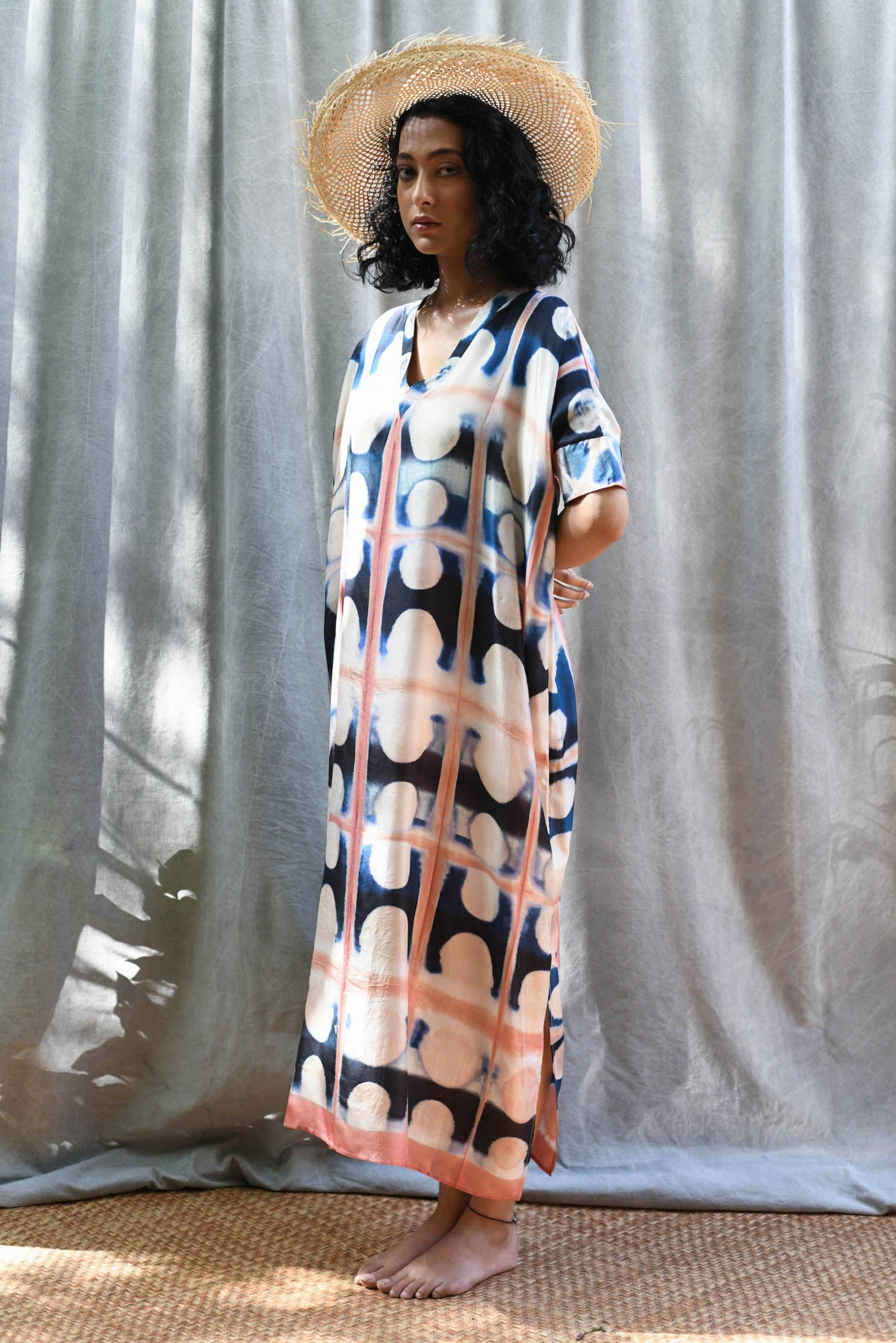 Itajime Silk Box Kaftan - Peach & Indigo Circles