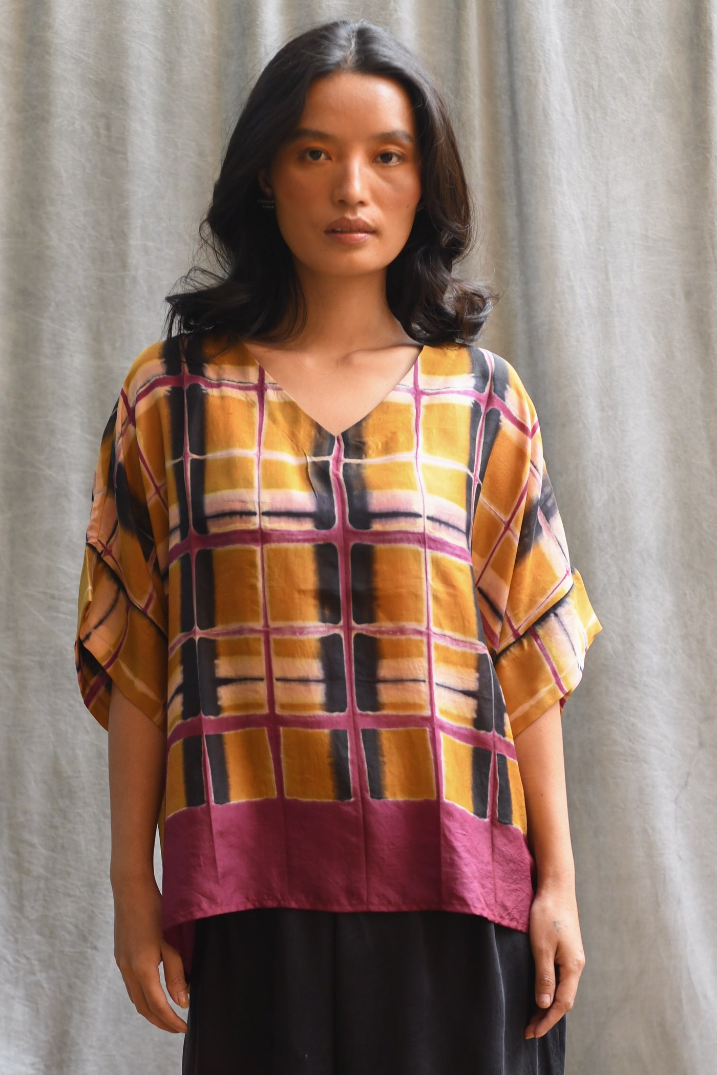 Itajime Silk Box Top - Plum & Gold Grid