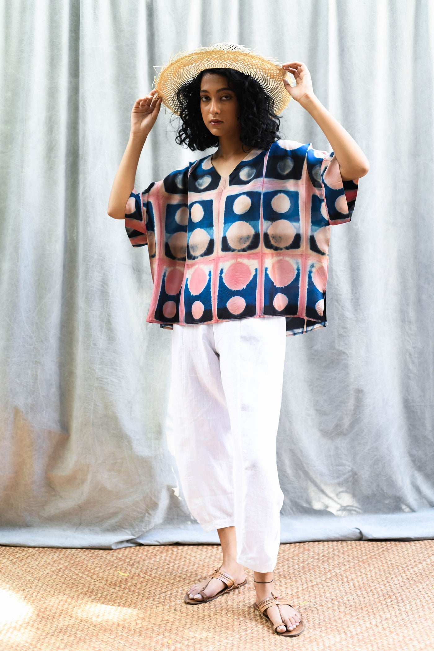 Itajime Silk Box Top - Peach & Indigo Circles