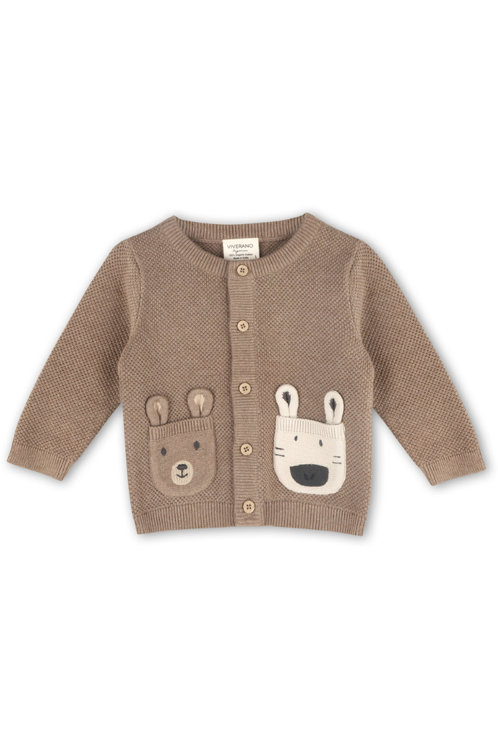 Animal Pocket Button Cardigan Baby Sweater (Organic Cotton)