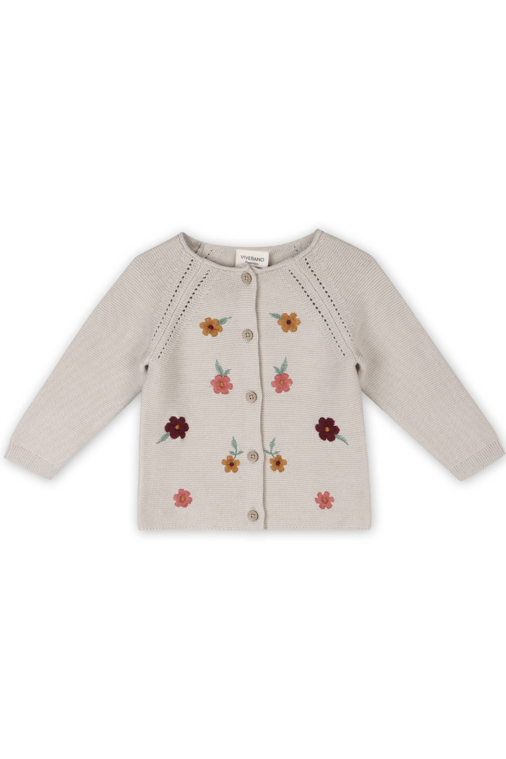 Floral Embroidered Pearl Knit Baby Cardigan Sweater -Organic