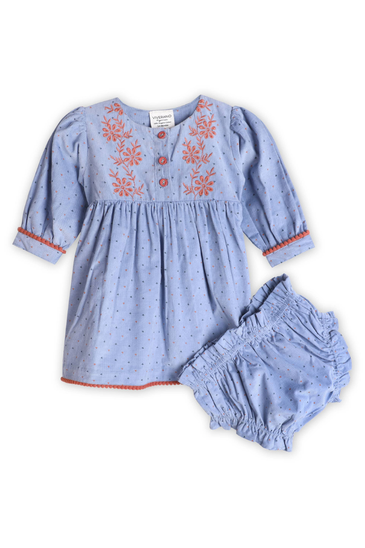 Embroidered Corduroy Tie Baby Dress & Bloomer