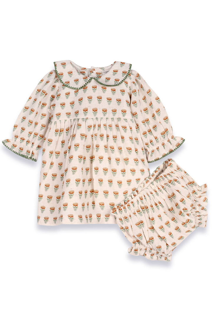 Ina Block Print Floral Baby Dress & Bloomer Set (Linen)