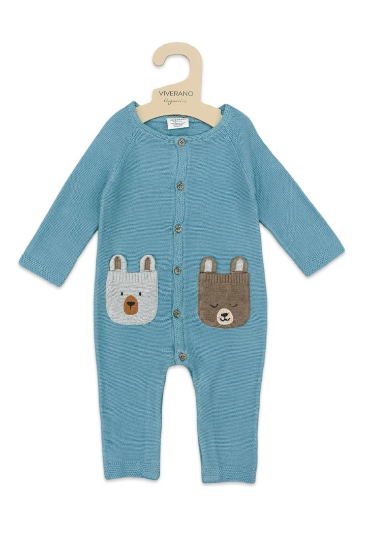 Bear Embroidered Pocket Sweater Knit Baby Jumpsuit
