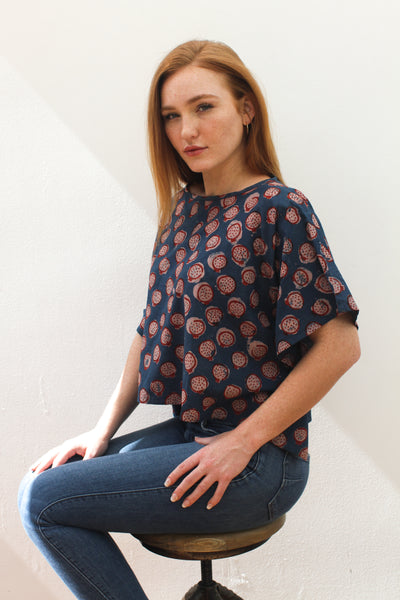 Indigo Pomegranate Kaftan Top - Blockprint Natural Dye