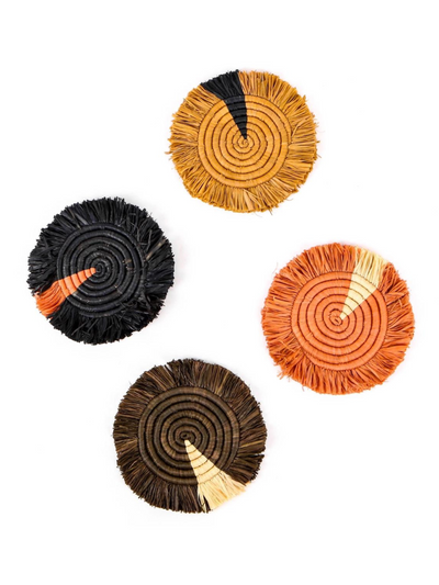 Earth Tones Fringed Raffia Coasters (Set of 4)