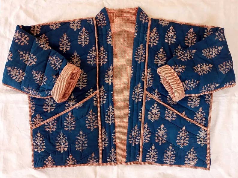 Quilted Kimono Jacket Block Printed - Indigo