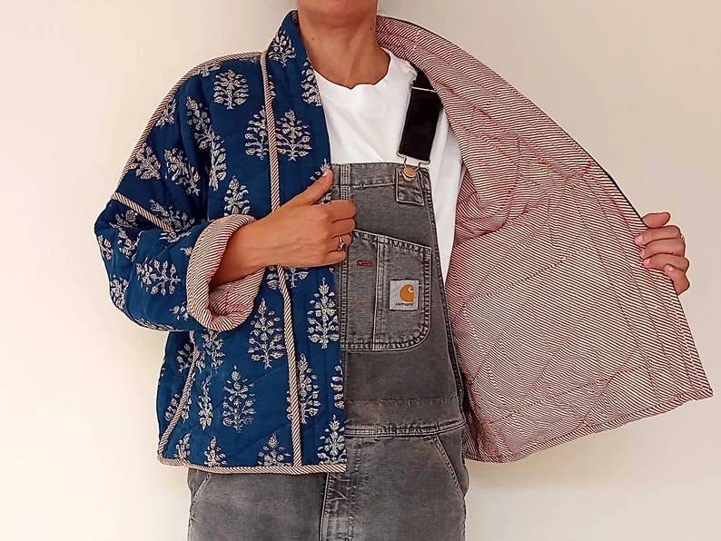 Quilted Kimono Jacket Block Printed - Indigo