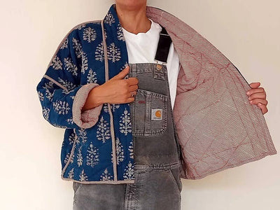 Quilted Kimono Jacket Block Printed - Indigo