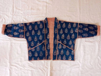 Quilted Kimono Jacket Block Printed - Indigo