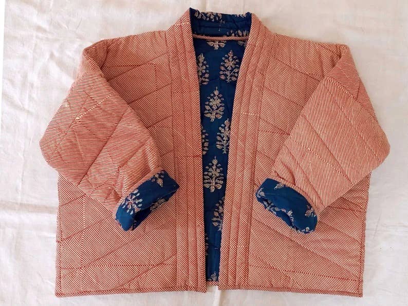 Quilted Kimono Jacket Block Printed - Indigo