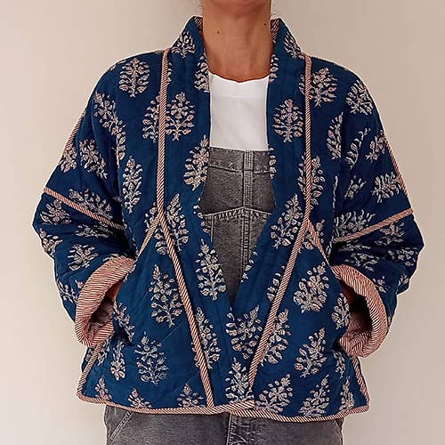 Quilted Kimono Jacket Block Printed - Indigo