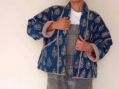 Quilted Kimono Jacket Block Printed - Indigo