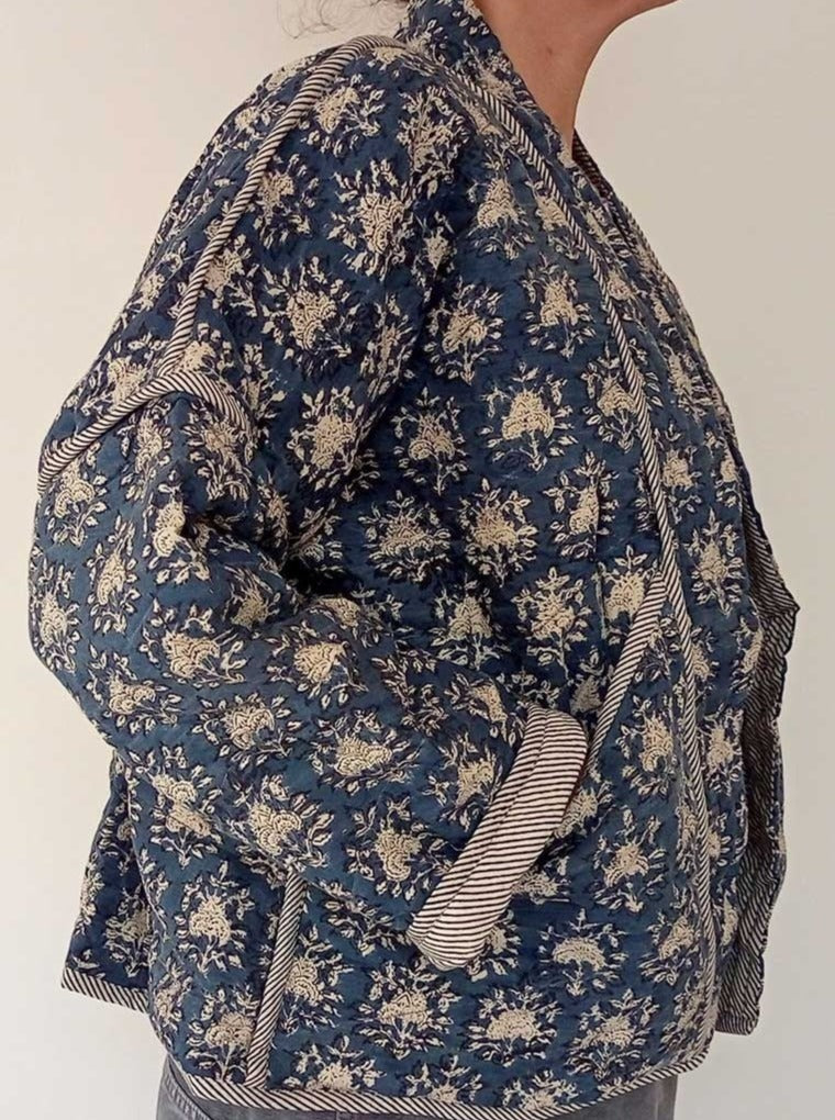 Quilted Reversible Blockprint Jacket - Blue Floral – Koraa