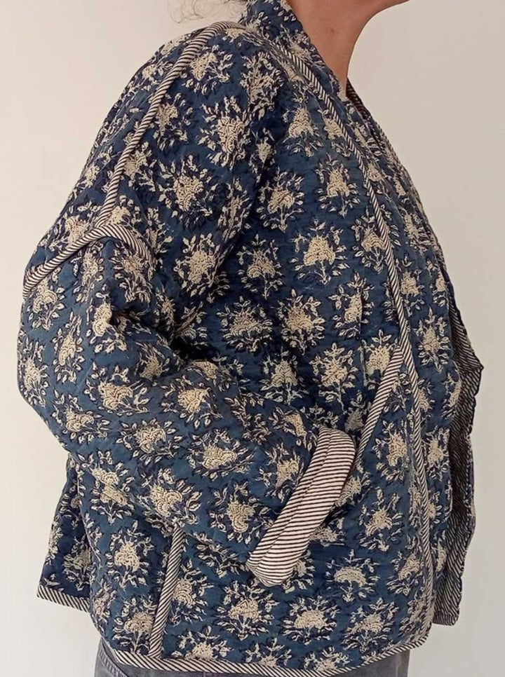 Quilted Reversible Blockprint Jacket - Blue Floral – Koraa