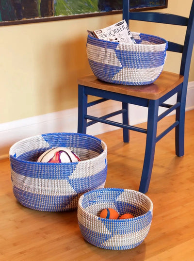 Blue Herringbone Sewing Basket - 3 sizes