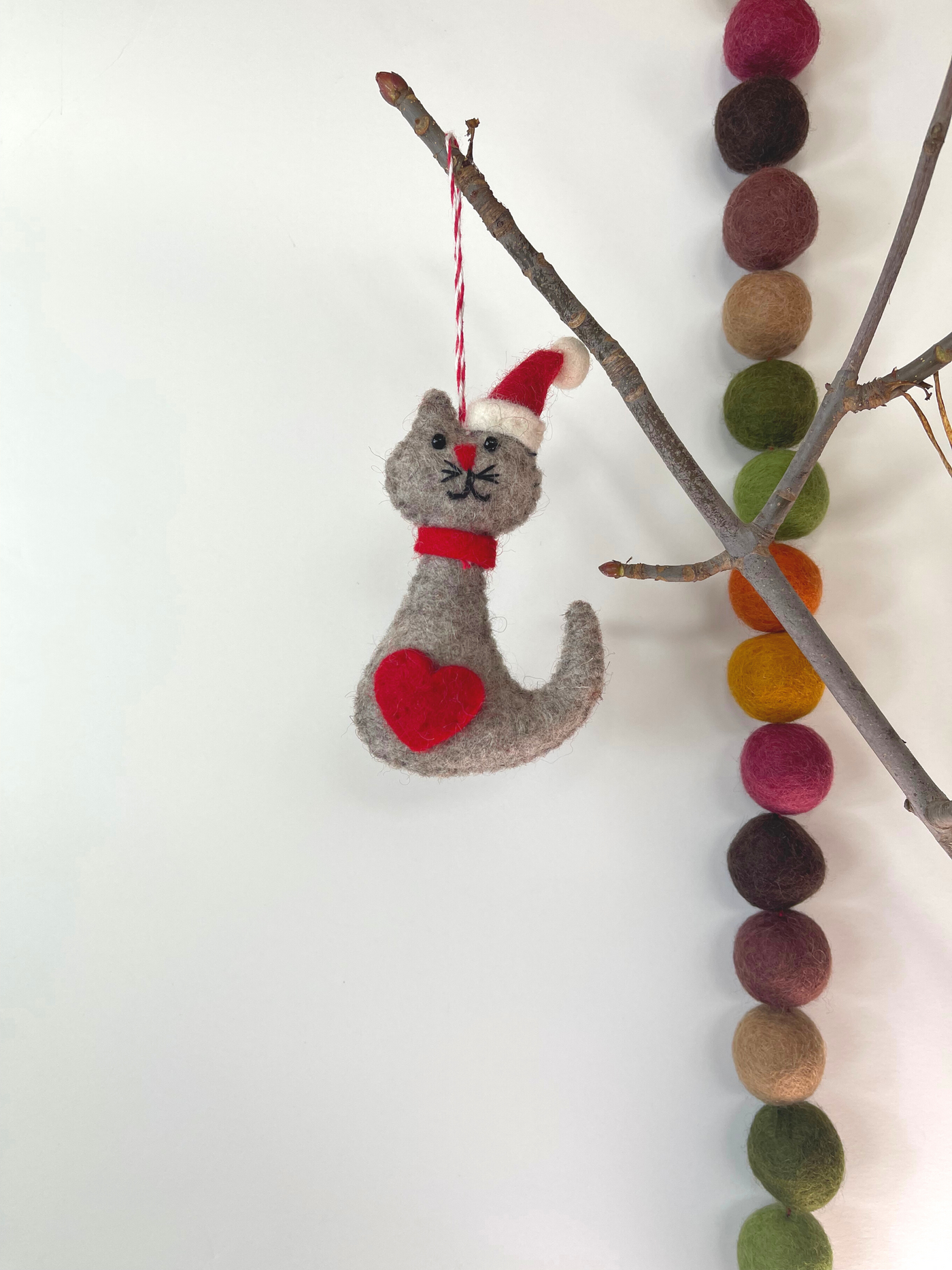 Felt Cat In Santa Hat Ornament - Two Colors