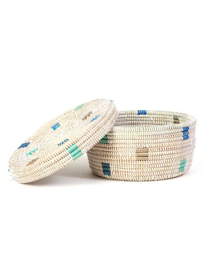 White Lidded Storage Box with Shades of Blue Dots